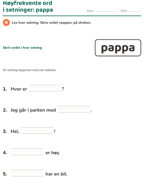 Forhåndsvisning av Høyfrekvente ord-arbeidsark for Barnehage (5-7 år)