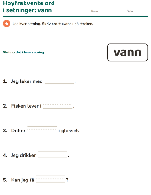 Forhåndsvisning av Høyfrekvente ord-arbeidsark for Barnehage (5-7 år)