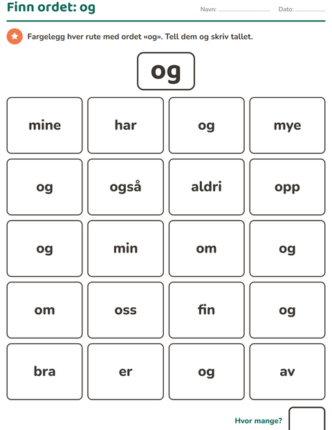 Forhåndsvisning av Høyfrekvente ord-arbeidsark for Barnehage (5-7 år)