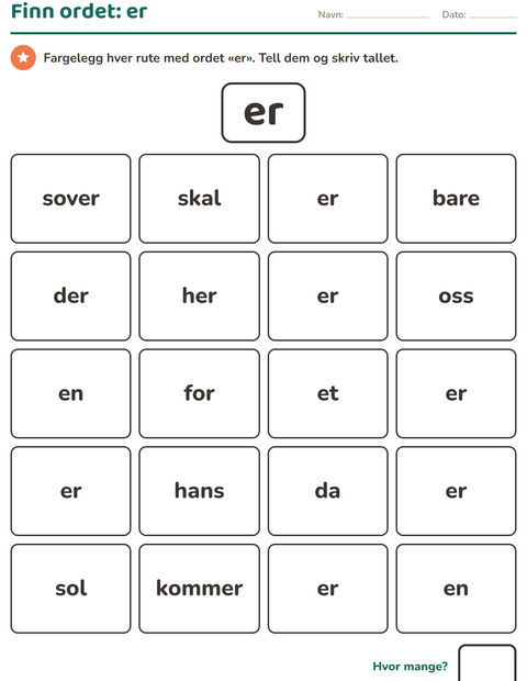 Forhåndsvisning av Høyfrekvente ord-arbeidsark for Barnehage (5-7 år)
