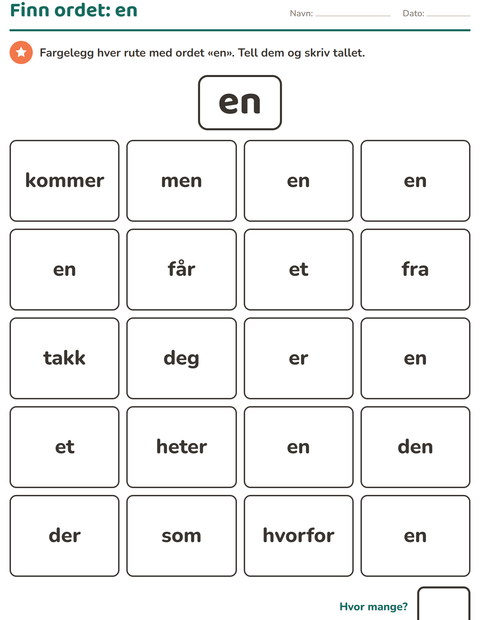 Forhåndsvisning av Høyfrekvente ord-arbeidsark for Barnehage (5-7 år)