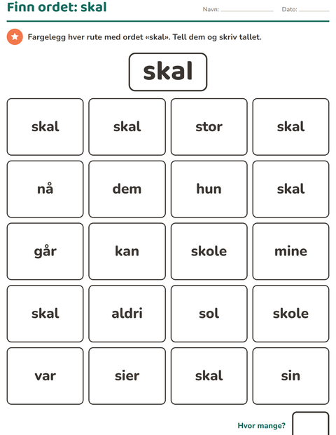 Forhåndsvisning av Høyfrekvente ord-arbeidsark for Barnehage (5-7 år)