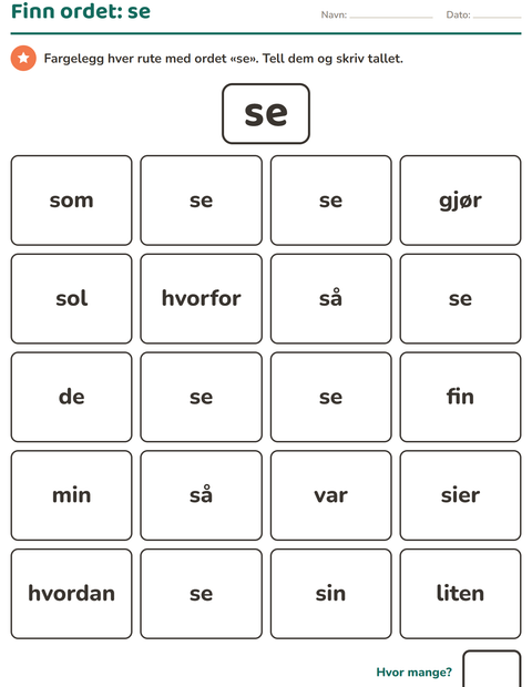 Forhåndsvisning av Høyfrekvente ord-arbeidsark for Barnehage (5-7 år)