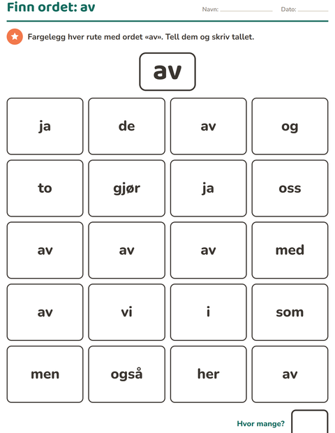 Forhåndsvisning av Høyfrekvente ord-arbeidsark for Barnehage (5-7 år)