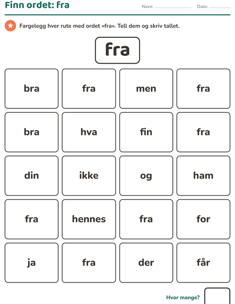 Forhåndsvisning av Høyfrekvente ord-arbeidsark for Barnehage (5-7 år)