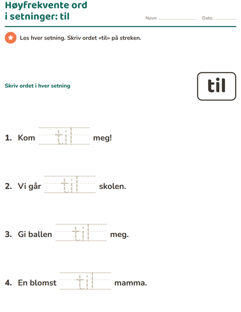 Forhåndsvisning av Høyfrekvente ord-arbeidsark for Barnehage (5-7 år)