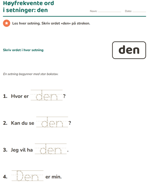 Forhåndsvisning av Høyfrekvente ord-arbeidsark for Barnehage (5-7 år)