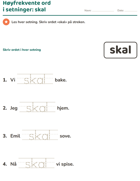 Forhåndsvisning av Høyfrekvente ord-arbeidsark for Barnehage (5-7 år)