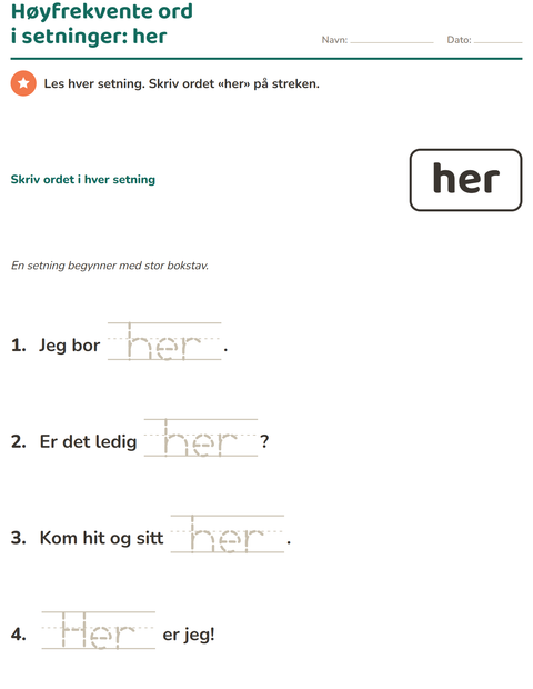 Forhåndsvisning av Høyfrekvente ord-arbeidsark for Barnehage (5-7 år)