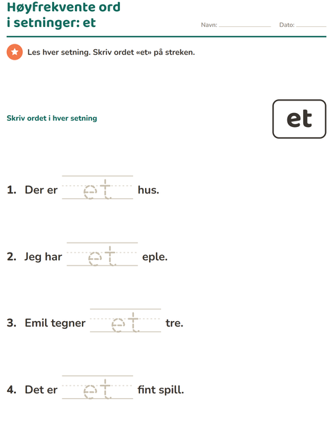 Forhåndsvisning av Høyfrekvente ord-arbeidsark for Barnehage (5-7 år)