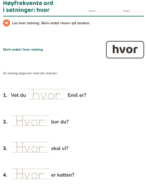 Forhåndsvisning av Høyfrekvente ord-arbeidsark for Barnehage (5-7 år)