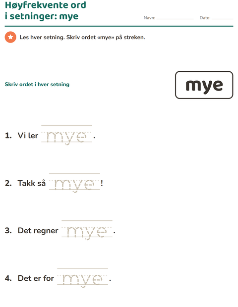 Forhåndsvisning av Høyfrekvente ord-arbeidsark for Barnehage (5-7 år)