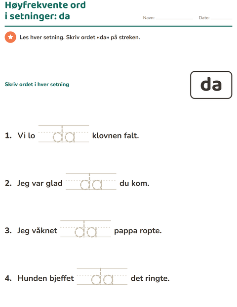Forhåndsvisning av Høyfrekvente ord-arbeidsark for Barnehage (5-7 år)