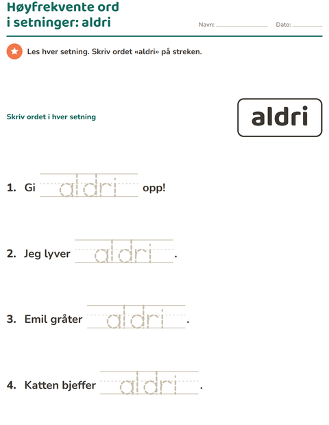 Forhåndsvisning av Høyfrekvente ord-arbeidsark for Barnehage (5-7 år)