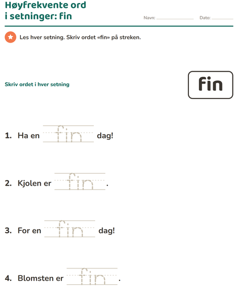 Forhåndsvisning av Høyfrekvente ord-arbeidsark for Barnehage (5-7 år)