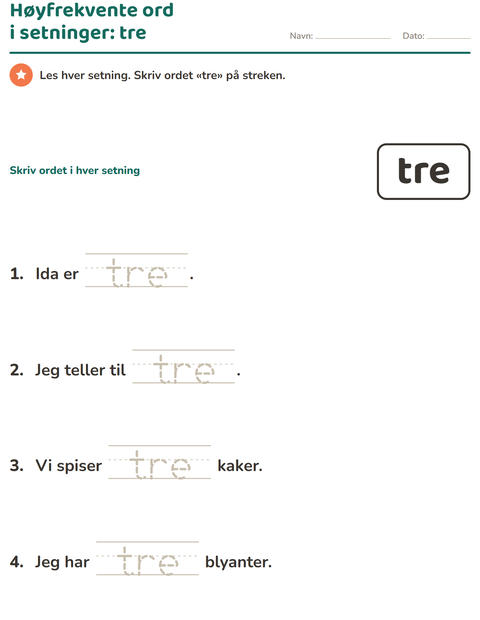 Forhåndsvisning av Høyfrekvente ord-arbeidsark for Barnehage (5-7 år)