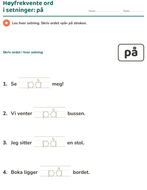 Forhåndsvisning av Høyfrekvente ord-arbeidsark for Barnehage (5-7 år)