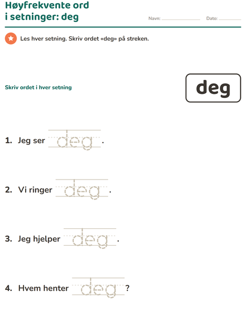 Forhåndsvisning av Høyfrekvente ord-arbeidsark for Barnehage (5-7 år)