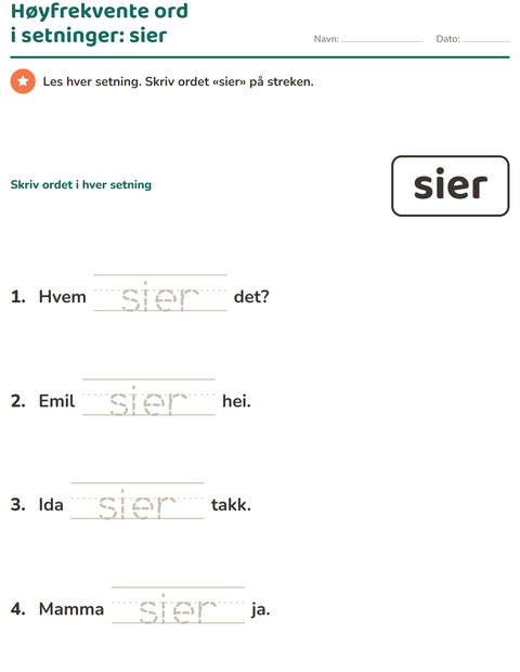 Forhåndsvisning av Høyfrekvente ord-arbeidsark for Barnehage (5-7 år)