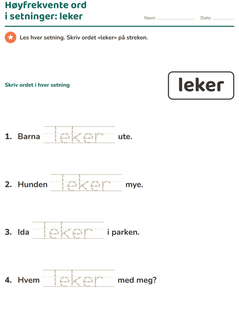 Forhåndsvisning av Høyfrekvente ord-arbeidsark for Barnehage (5-7 år)