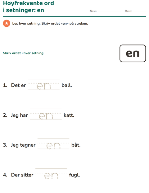 Forhåndsvisning av Høyfrekvente ord-arbeidsark for Barnehage (5-7 år)