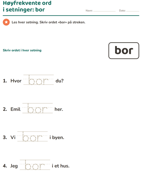 Forhåndsvisning av Høyfrekvente ord-arbeidsark for Barnehage (5-7 år)