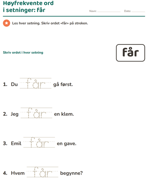 Forhåndsvisning av Høyfrekvente ord-arbeidsark for Barnehage (5-7 år)