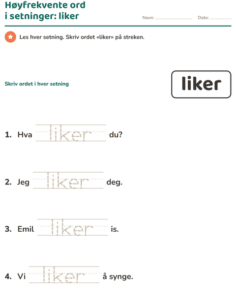 Forhåndsvisning av Høyfrekvente ord-arbeidsark for Barnehage (5-7 år)