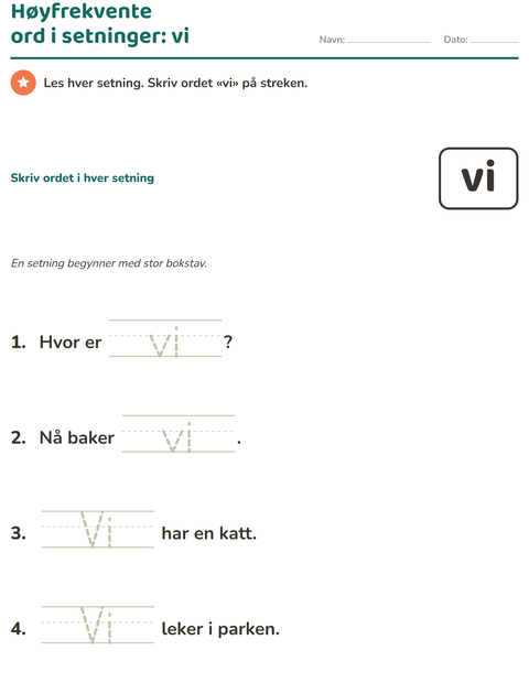Forhåndsvisning av Høyfrekvente ord-arbeidsark for Barnehage (5-7 år)