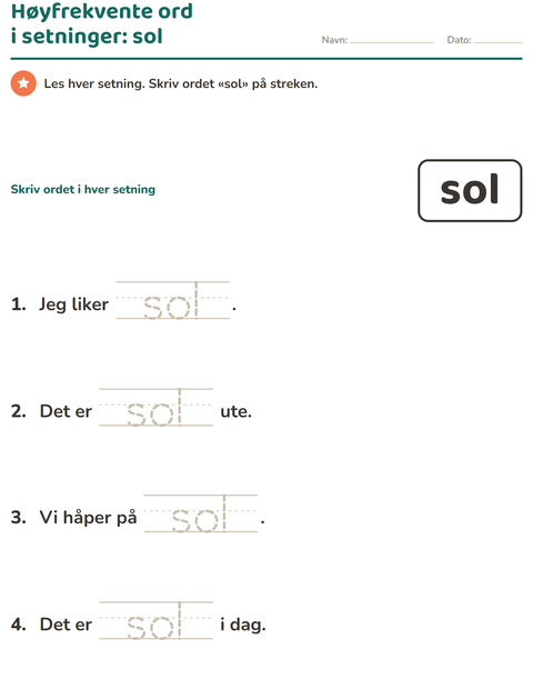 Forhåndsvisning av Høyfrekvente ord-arbeidsark for Barnehage (5-7 år)