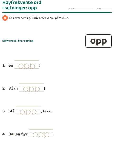 Forhåndsvisning av Høyfrekvente ord-arbeidsark for Barnehage (5-7 år)