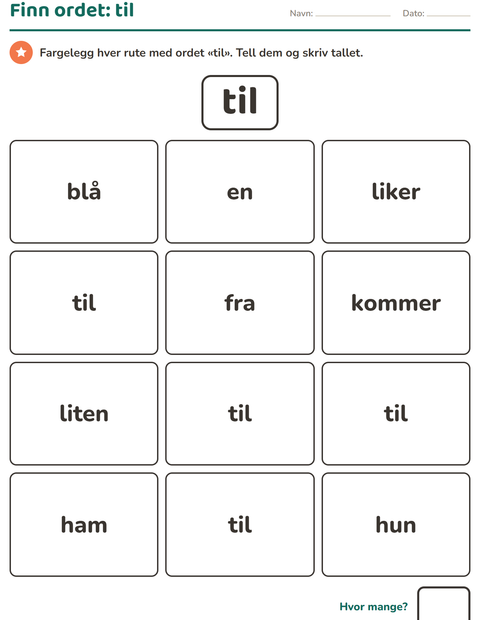 Forhåndsvisning av Høyfrekvente ord-arbeidsark for Barnehage (5-7 år)