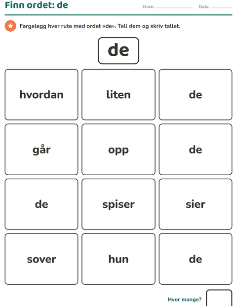 Forhåndsvisning av Høyfrekvente ord-arbeidsark for Barnehage (5-7 år)