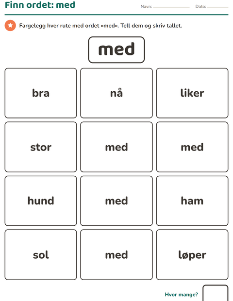 Forhåndsvisning av Høyfrekvente ord-arbeidsark for Barnehage (5-7 år)