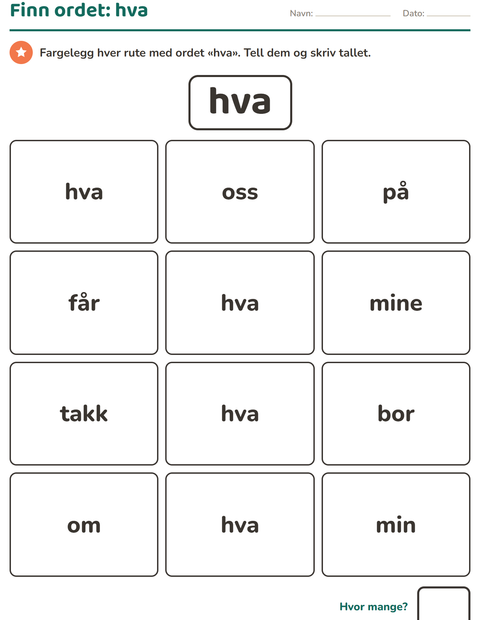 Forhåndsvisning av Høyfrekvente ord-arbeidsark for Barnehage (5-7 år)