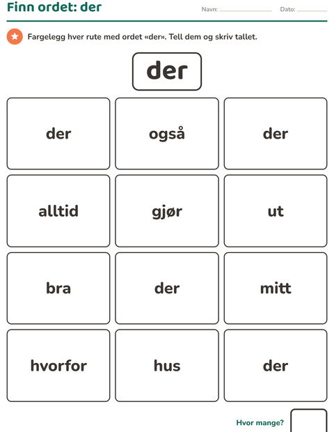 Forhåndsvisning av Høyfrekvente ord-arbeidsark for Barnehage (5-7 år)
