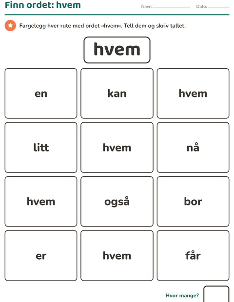 Forhåndsvisning av Høyfrekvente ord-arbeidsark for Barnehage (5-7 år)