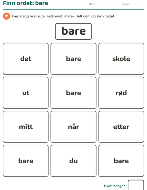Forhåndsvisning av Høyfrekvente ord-arbeidsark for Barnehage (5-7 år)