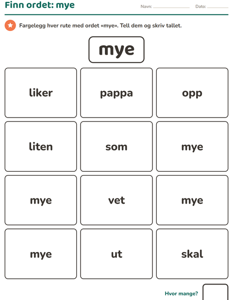 Forhåndsvisning av Høyfrekvente ord-arbeidsark for Barnehage (5-7 år)
