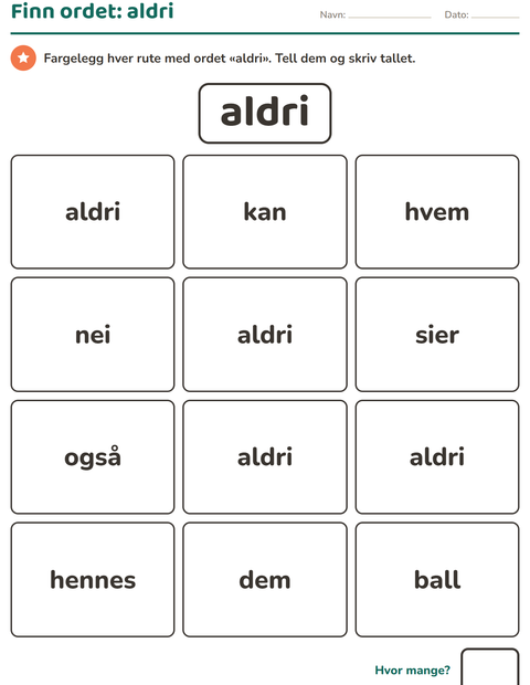 Forhåndsvisning av Høyfrekvente ord-arbeidsark for Barnehage (5-7 år)