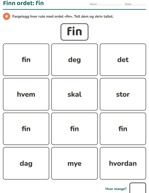 Forhåndsvisning av Høyfrekvente ord-arbeidsark for Barnehage (5-7 år)
