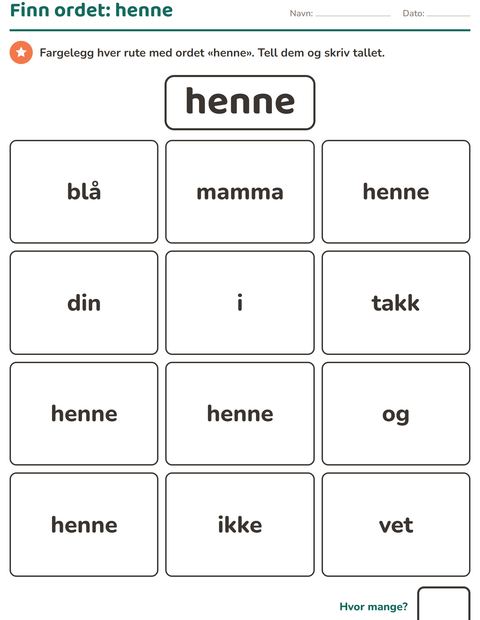 Forhåndsvisning av Høyfrekvente ord-arbeidsark for Barnehage (5-7 år)
