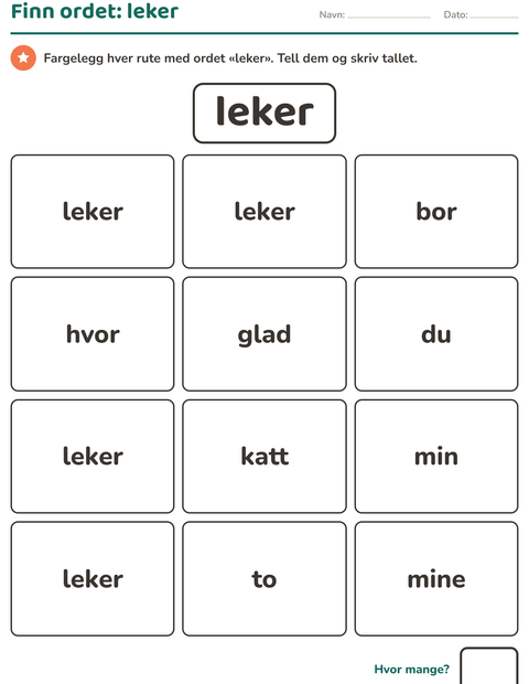 Forhåndsvisning av Høyfrekvente ord-arbeidsark for Barnehage (5-7 år)