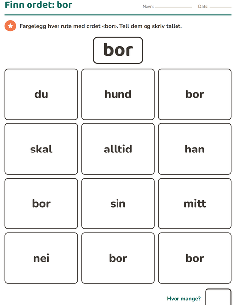 Forhåndsvisning av Høyfrekvente ord-arbeidsark for Barnehage (5-7 år)
