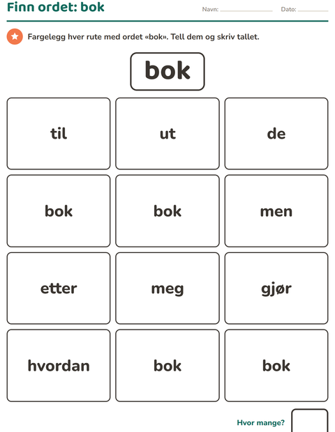 Forhåndsvisning av Høyfrekvente ord-arbeidsark for Barnehage (5-7 år)
