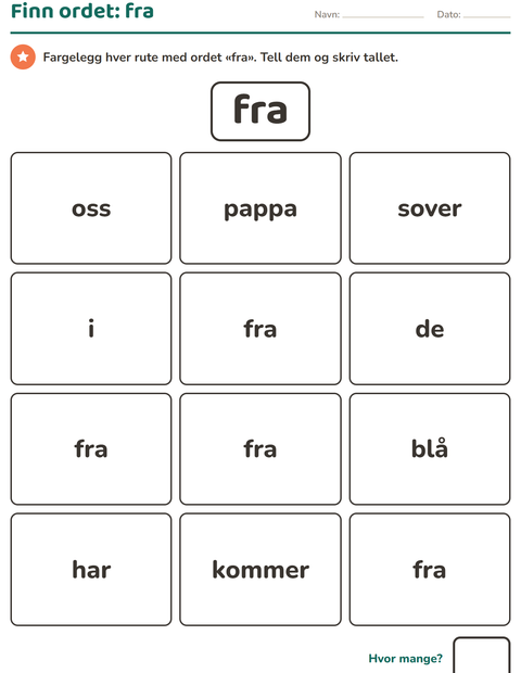 Forhåndsvisning av Høyfrekvente ord-arbeidsark for Barnehage (5-7 år)