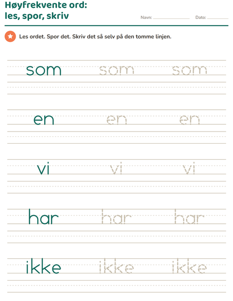 Forhåndsvisning av Høyfrekvente ord-arbeidsark for Barnehage (5-7 år)