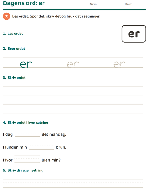 Forhåndsvisning av Høyfrekvente ord-arbeidsark for Barnehage (5-7 år)