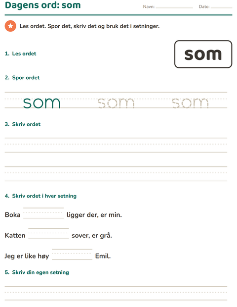Forhåndsvisning av Høyfrekvente ord-arbeidsark for Barnehage (5-7 år)