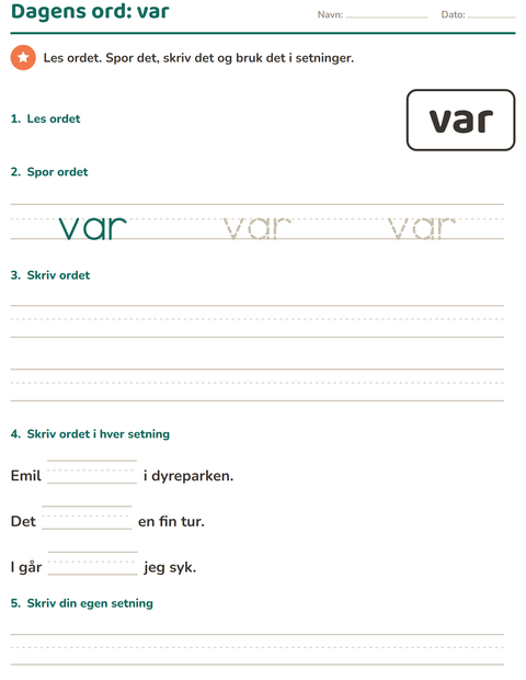 Forhåndsvisning av Høyfrekvente ord-arbeidsark for Barnehage (5-7 år)